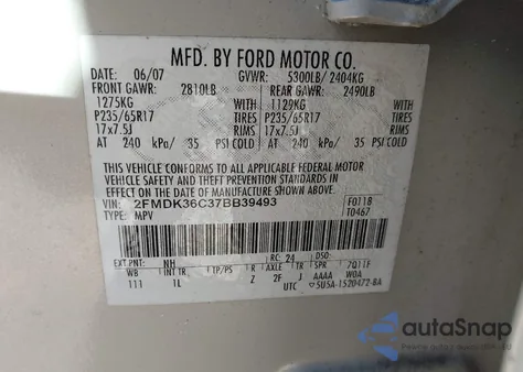 2007 Ford Edge Se z USA, uszkodzony, nr VIN 2FMDK36C37BB39493